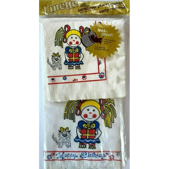 Vintage Birthday Table cover Tablecloth Linette 70s Napkins Disposable 96"x54" - Picture 1 of 5
